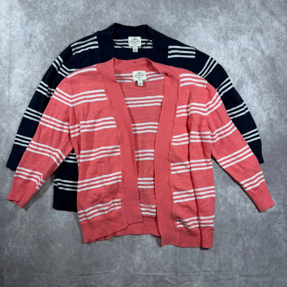St. Johns Bay Lot of 2 Striped Cardigans Navy Coral Pink Cotton Large Preppy